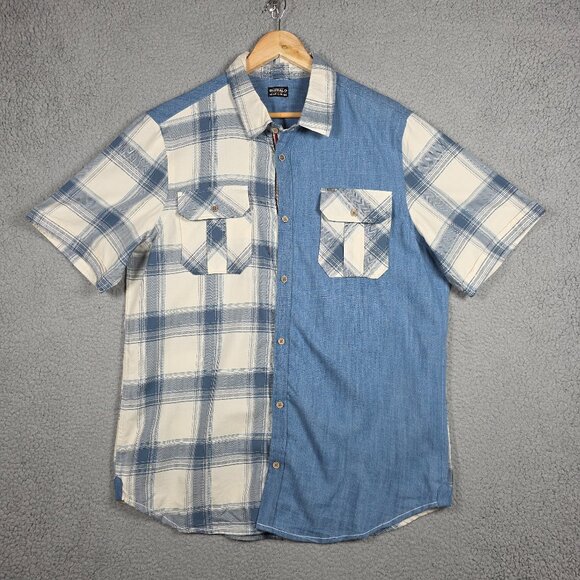 Buffalo David Bitton Shirt Mens Size XL Chambray Denim Plaid SS Slim Fit BD - Picture 1 of 11